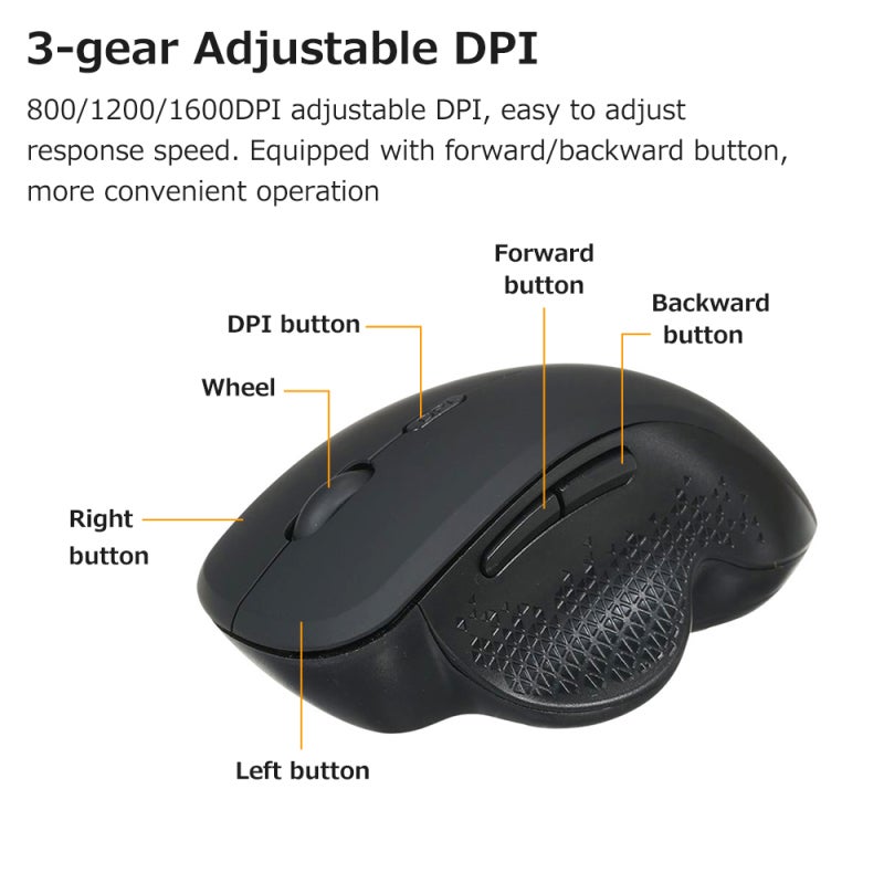 Wireless Vertical Mouse: Black Ergonomic Design - 2.4G Stable 10m Connection, 3-Gear 800/1200/1600DPI for Office and Gaming Use - Image 2
