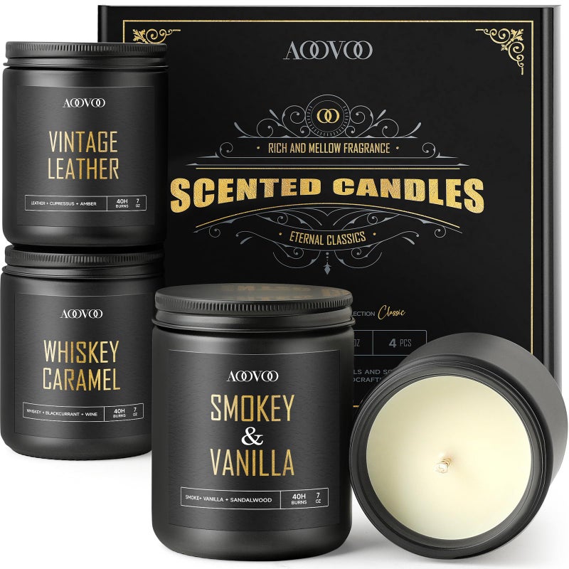 AOOVOO Scented Candles for Men - 4 Pack Candles for Home Scented, 28oz Soy Wax, 200 Hour Burn Time, Men Candle Set, Leather/Smoke & Vanilla/Whiskey Caramel/Lavender Candle Set - Image 1