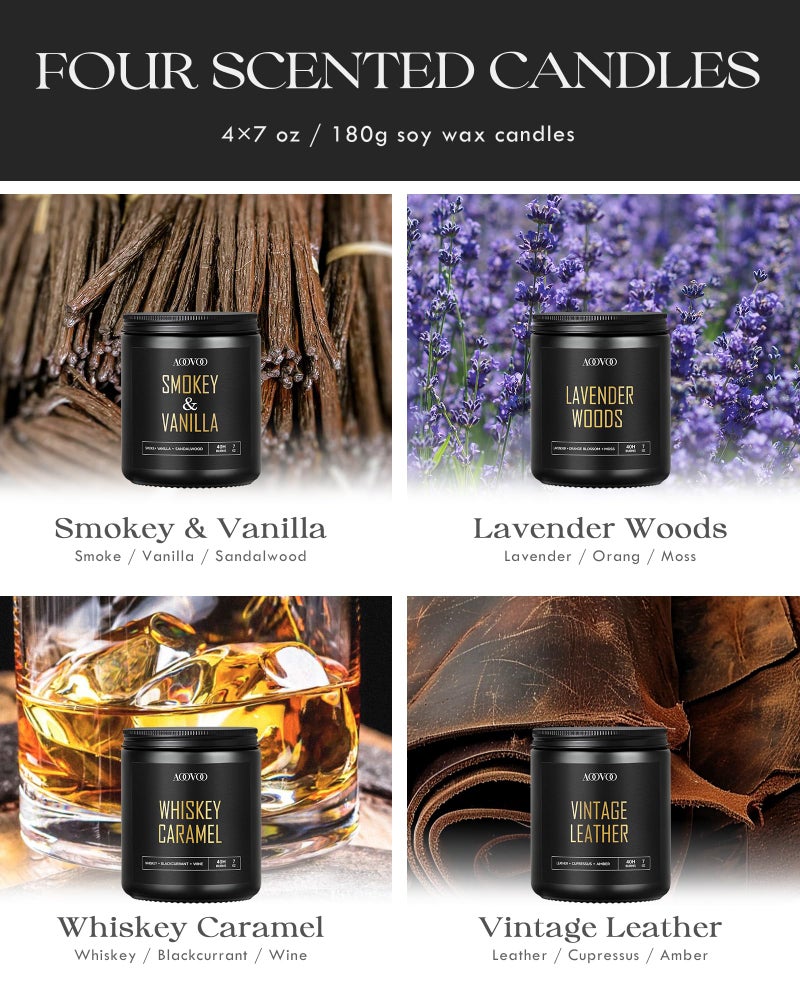 AOOVOO Scented Candles for Men - 4 Pack Candles for Home Scented, 28oz Soy Wax, 200 Hour Burn Time, Men Candle Set, Leather/Smoke & Vanilla/Whiskey Caramel/Lavender Candle Set - Image 4