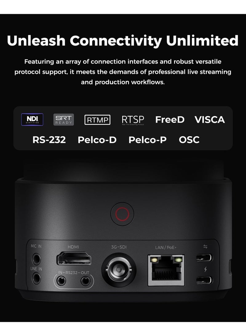 OBSBOT Tail 2 AI-Powered PTZR 4K Live Production Camera – NDI|HX3, 1/1.5" 50MP CMOS, 5x Optical/12x Hybrid Zoom, AI Tracking 2.0, HDMI/SDI/USB/IP Output, For Worship, Events, Studios & Conference Rooms - Image 4
