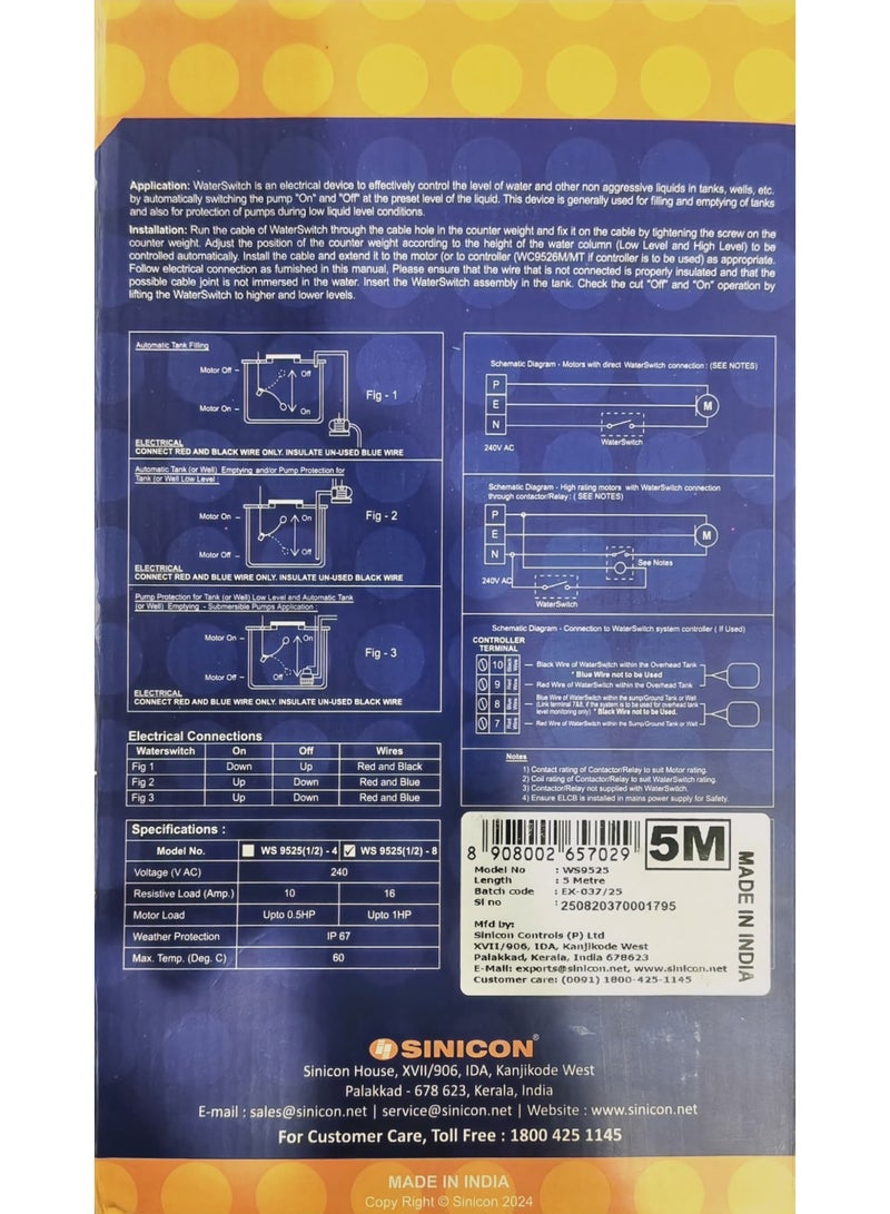 Sinicon 5 Meter Water Switch Water Level Controller Float Switch | IP67 Rated | 240V AC | 10A/16A | For Automatic Water Tank Filling & Pump Protection | High Quality Engineering Plastic |  1 Year Replacement Warranty - Image 3