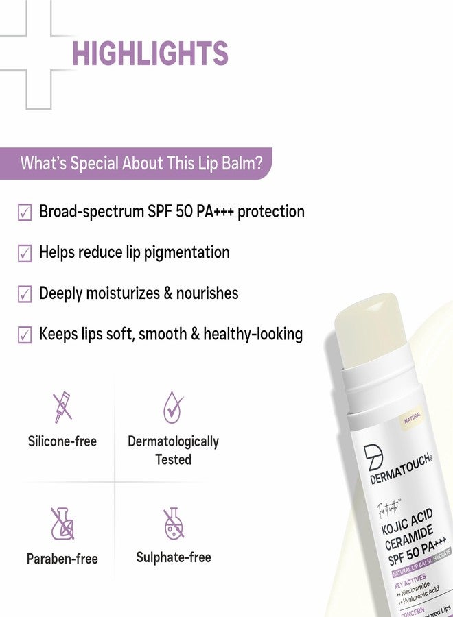 DERMATOUCH Kojic Acid Ceramide SPF 50 PA+++ Natural Lip Balm - 5g | Moisturizing • Sun Protection • Nourishing | Reduces Pigmentation & Heals Dry Lips - Image 5