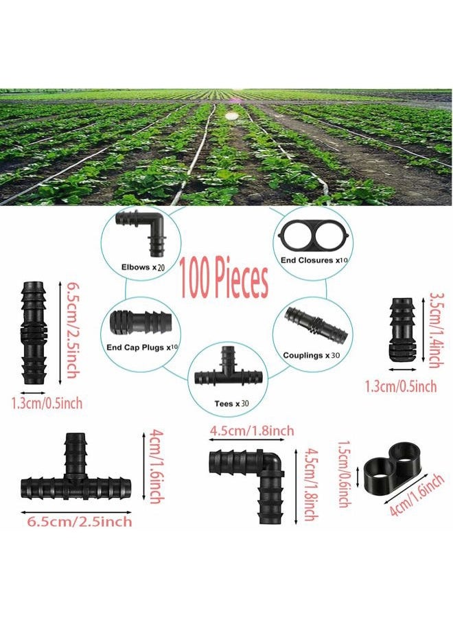 HOINCO 100Pcs Drip Irrigation Connectors Fittings Kit for 1/2 Inch Tubing, Including 30 Tees, 30 Couplings, 20 Elbows, 10 End Closures, 10 End Cap Plugs - Barbed Connectors Compatible Drip Sprinkler Systems - Image 2