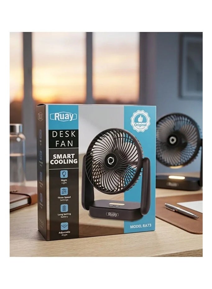 Ruay Smart rechargeable desk fan, portable mini USB fan with night light and 3 speed settings, quiet portable table fan, mini cooling fan for office - Image 3