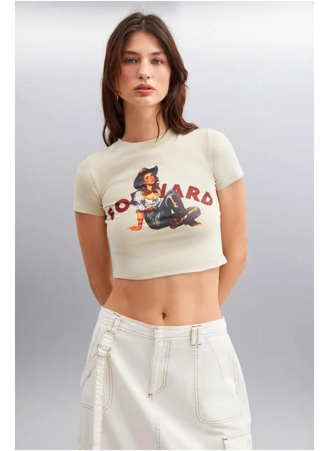 GRIMELANGE Ice Women's Crop Printed Detail Crew Neck Short Sleeve Knitted Grey T-Shirt