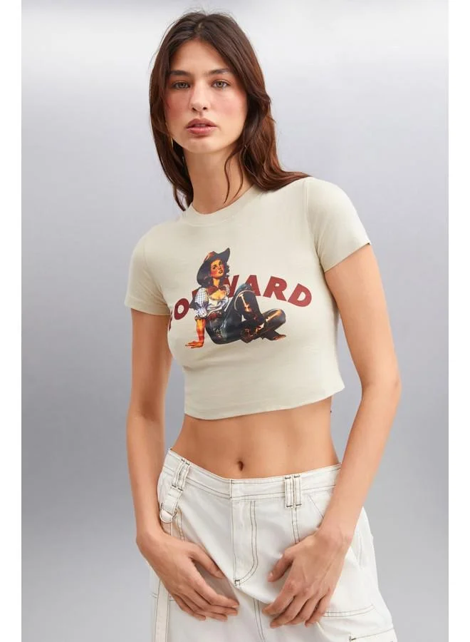 GRIMELANGE Ice Women's Crop Printed Detail Crew Neck Short Sleeve Knitted Grey T-Shirt