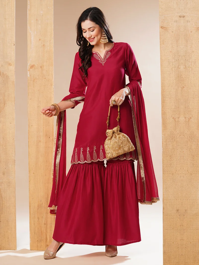 Women Embroidered Chanderi Silk Straight Kurta With Sharara & Dupatta