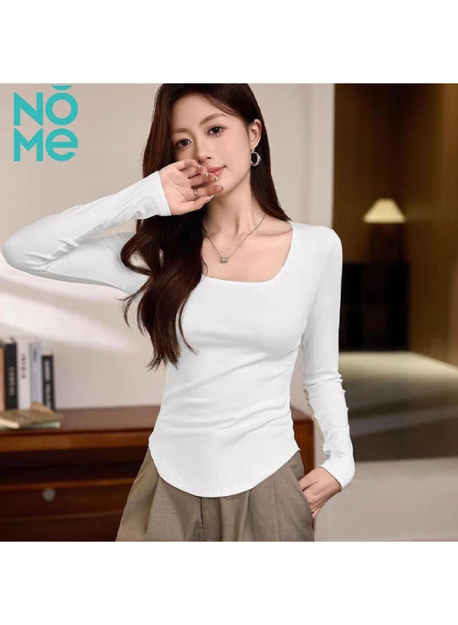 Nome Square Neck T-shirt For Women, Long Sleeve, Spring New Style, Irregular Curved Slim-fit Top Gray, S - Image 4