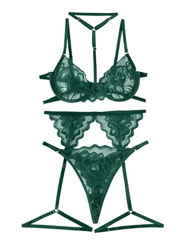 Lilosy Sexy Choker Floral Lace Scallop Sheer Underwire Push Up Garter Belt Lingerie Set 3 Piece for Women See Through Bachelorette Bra and Panty Army Green Medium - Image 3