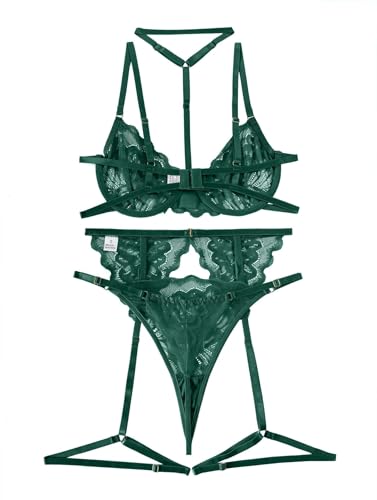 Lilosy Sexy Choker Floral Lace Scallop Sheer Underwire Push Up Garter Belt Lingerie Set 3 Piece for Women See Through Bachelorette Bra and Panty Army Green Medium - Image 4
