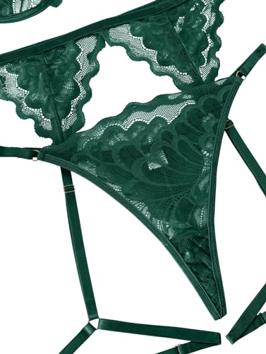 Lilosy Sexy Choker Floral Lace Scallop Sheer Underwire Push Up Garter Belt Lingerie Set 3 Piece for Women See Through Bachelorette Bra and Panty Army Green Medium - Image 5