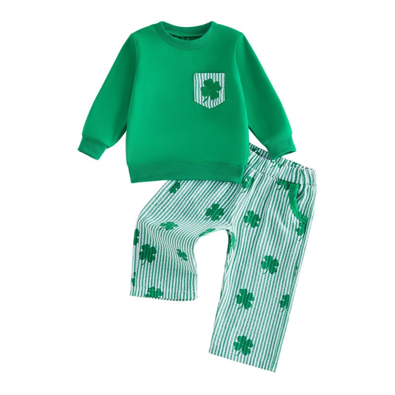 JLKGICF St Patricks Day Baby Boy Outfit Long Sleeve Clover Sweatshirt Striped Pants Toddler Boy Summer Spring Clothes (Green Clover, 2-3T) - Image 1