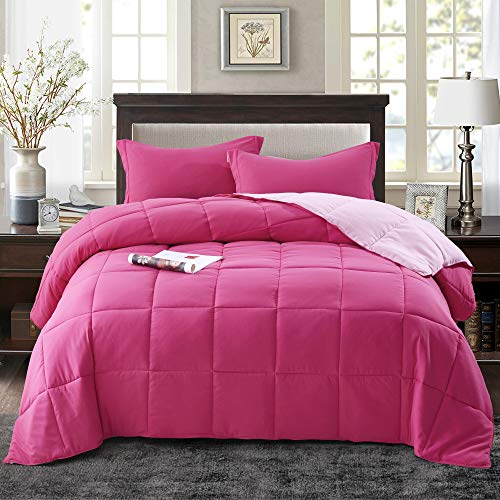 HIG 3pc Pink Queen Size Comforter Set All Season Reversible Down Alternative Bedding Comforter Set Quilted Duvet Insert with Corner Tabs Box Stitched Blanket Breathable Soft Fluffy