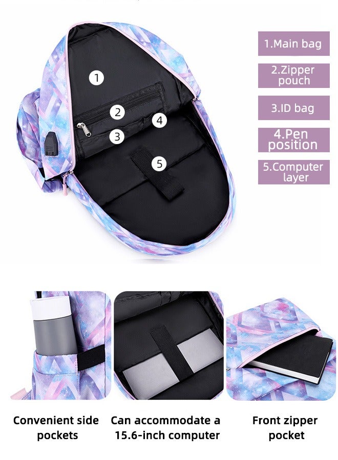 جوي شيك حقيبة ظهر مدرسية متينة مقاومة للماء ومطبوعة برسومات مكونة من 3 قطع مع شحن USB وحقيبة غداء وقلم رصاص متعددة الألوان لطلاب المدارس المتوسطة والثانوية - Image 5