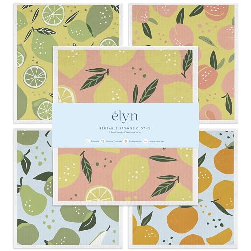 ELYN Swedish Dishcloths Reusable Washable Sponge Cloths Absorbent Cleaning Paper Towels for Kitchen Dishes Counters and More 5 Pack Assorted Fruit Pattern - Image 2