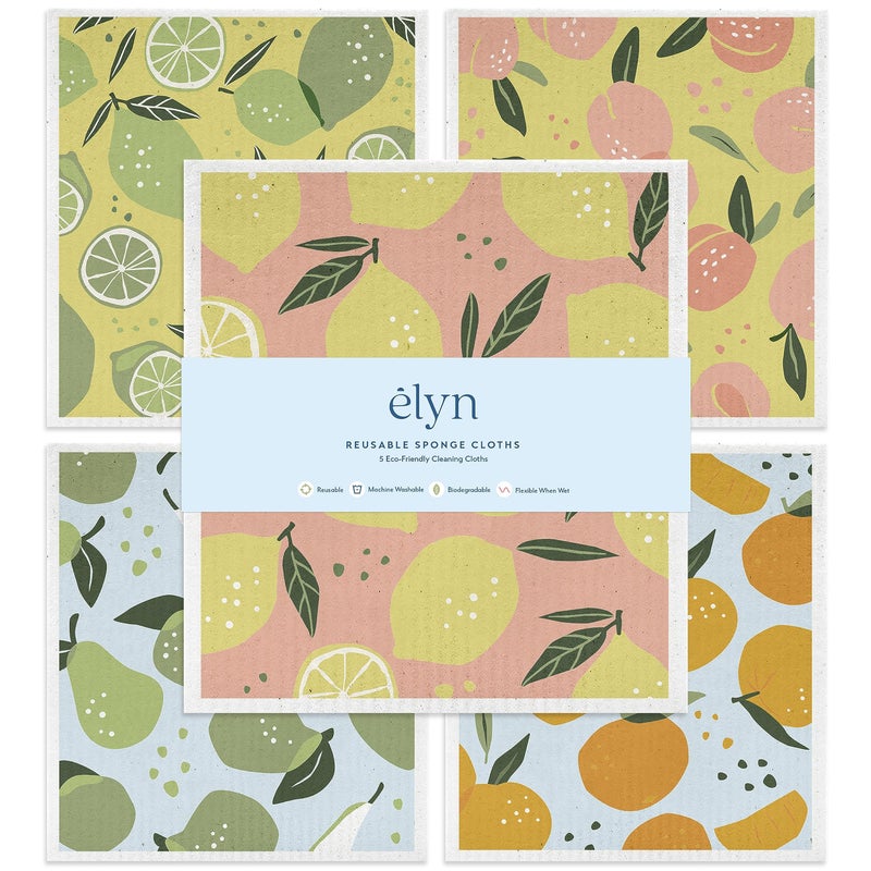 ELYN Swedish Dishcloths Reusable Washable Sponge Cloths Absorbent Cleaning Paper Towels for Kitchen Dishes Counters and More 5 Pack Assorted Fruit Pattern - Image 3