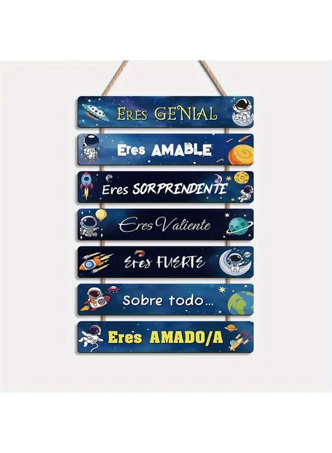 Classic Space Themed Wooden Wall Decor With Astronaut Rocket Planet Designs - Image 1