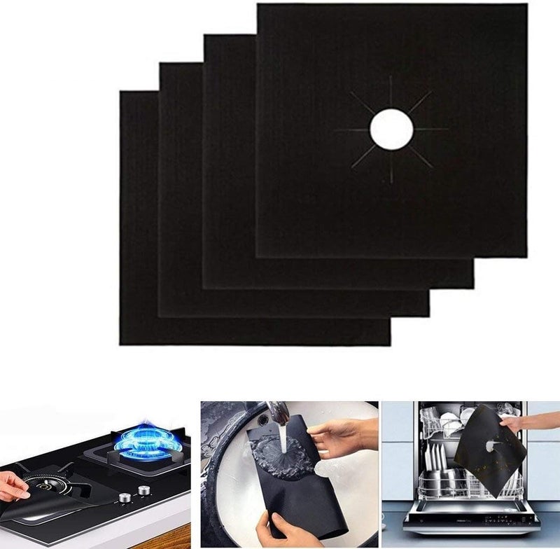 Rubik 4 pcs Gas Stove Burner Covers, Non-Stick Gas Range Protectors Reusable Aluminum Foil Cover Liner Mat Pad - Dishwasher Safe, Black - Image 1