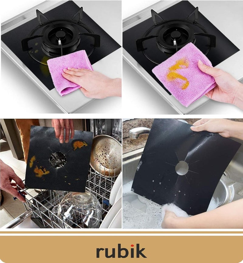 Rubik 4 pcs Gas Stove Burner Covers, Non-Stick Gas Range Protectors Reusable Aluminum Foil Cover Liner Mat Pad - Dishwasher Safe, Black - Image 2