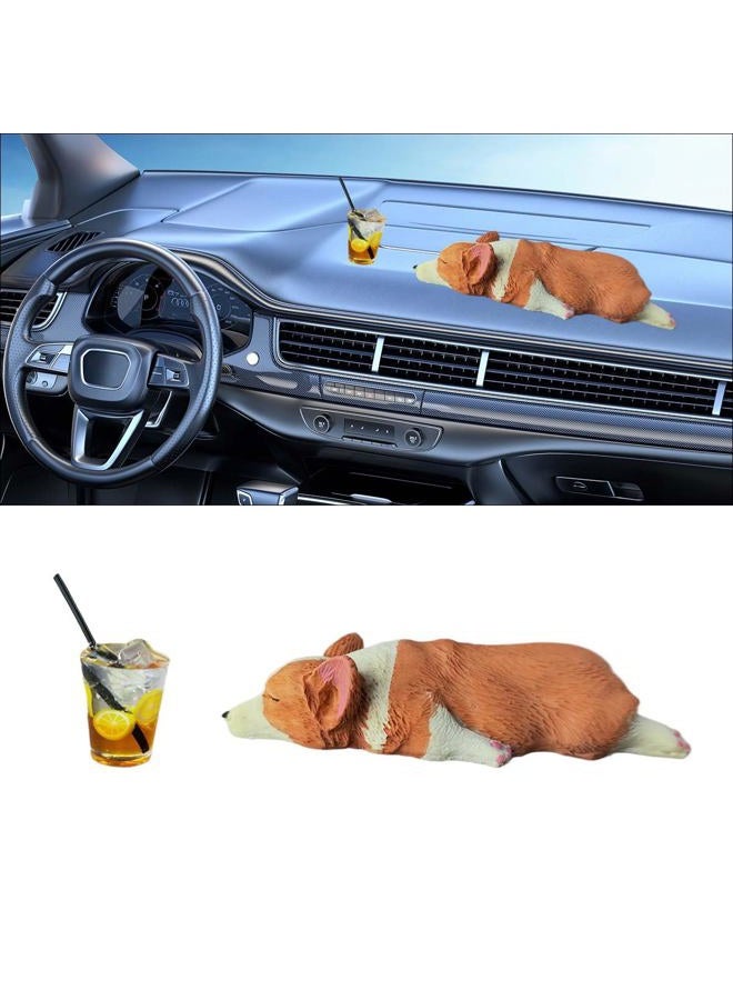 BDZMC Cute Dog Car Rearview Mirror Accessories, Sleeping Corgi & Lemon Tea Dashboard Decoration, Resin Car Ornament, Funny Automotive Mirror Accessories for Home Office - Image 1