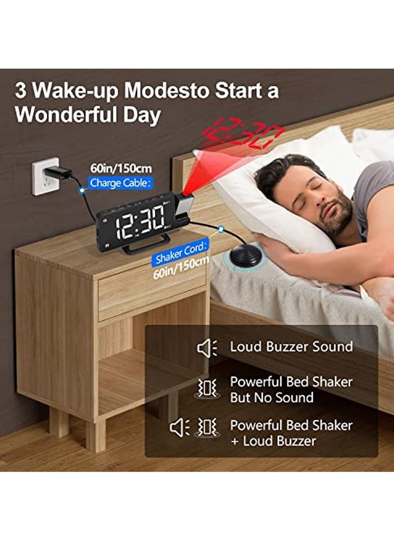 Generic - Extra Loud Alarm Clock with Bed Shaker for Heavy Sleeper Hearing Impaired Deaf LED Digital Clock with 180° Projector 12/24H DST Dual Alarms Snooze with USB Charger for Bedrooms Office - Image 1