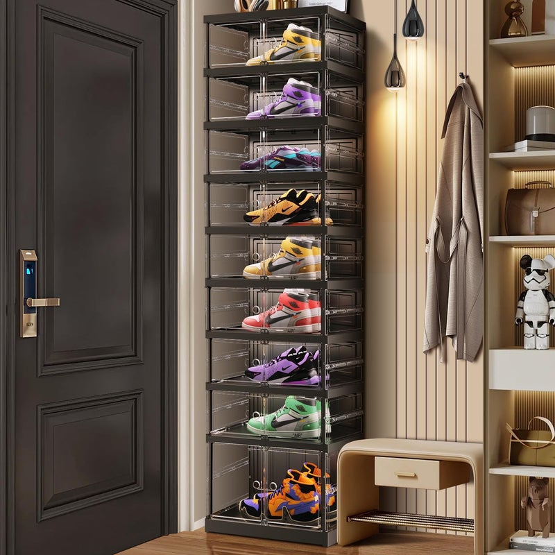 CIMLORD حامل أحذية قابل للطي من CIMLORD مكون من 9 طبقات، لخزانة الملابس والمدخل، يتسع لـ 9-18 زوجًا، صناديق تخزين أحذية شفافة قابلة للتكديس، منظم مع باب، بلاستيك، خزانة أحذية صغيرة بغطاء - Image 1