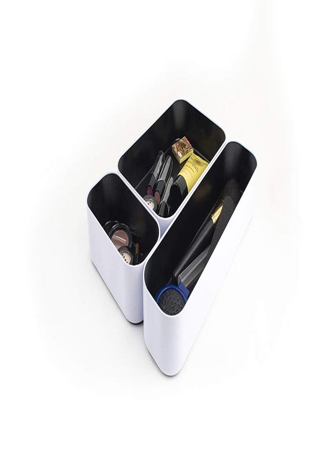 Three by Three Seattle 3 Piece Shallow Metal Organizer Tray Set for Storing Makeup, Stationery, Utensils, and More in Office Desk, Kitchen and Bathroom Drawers (2 Inch, Black and White) - Image 3