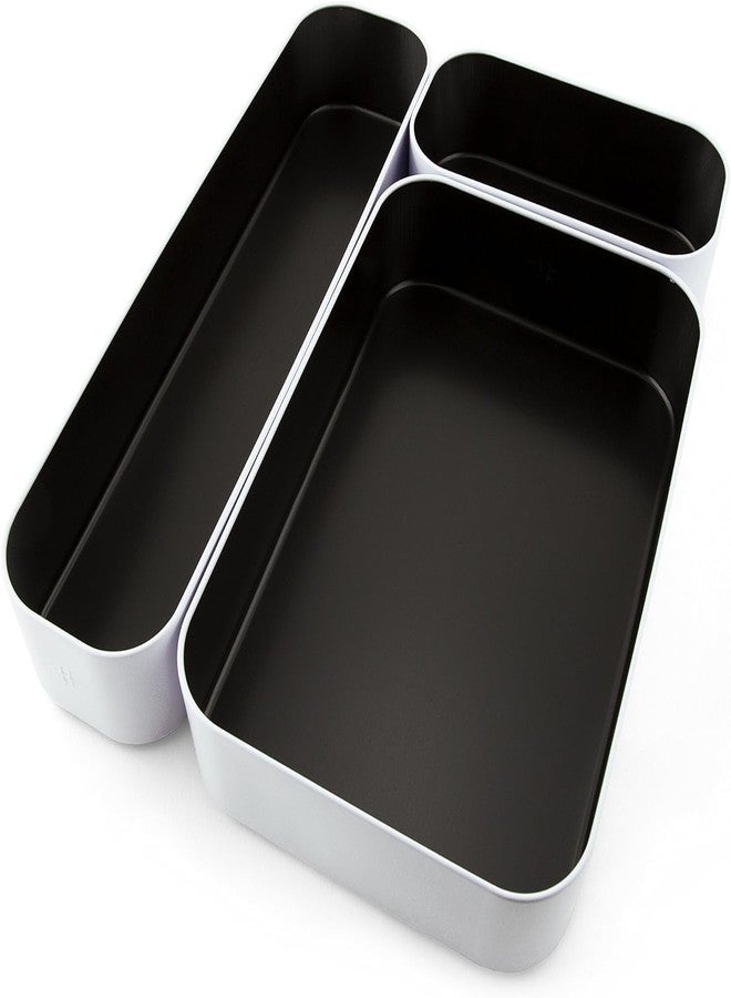 Three by Three Seattle 3 Piece Shallow Metal Organizer Tray Set for Storing Makeup, Stationery, Utensils, and More in Office Desk, Kitchen and Bathroom Drawers (2 Inch, Black and White) - Image 1