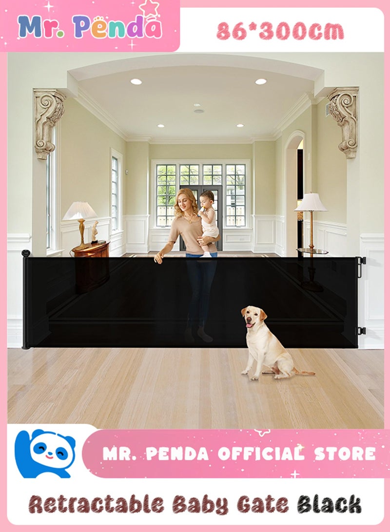 Mr. Penda Retractable Baby Gate, 300cm*86cm Safety Gate, No Drill Installation with Strong Adhesive Tape and Screw Options for Damage-Free Setup, for Stairs Doorways and Keeping Children Dogs Safe (Black) - Image 1