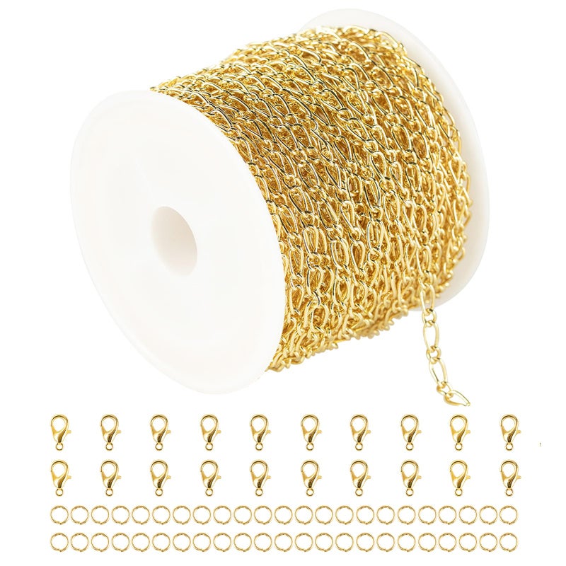 YOUBEIYEE 328 Feet 16K Gold Plated Brass Jewelry Chain Spool Soldered Twisted Curb Thin Chain with Lobster Claps and Jump Rings for Bracelet Necklace Making Jewelry Supplies