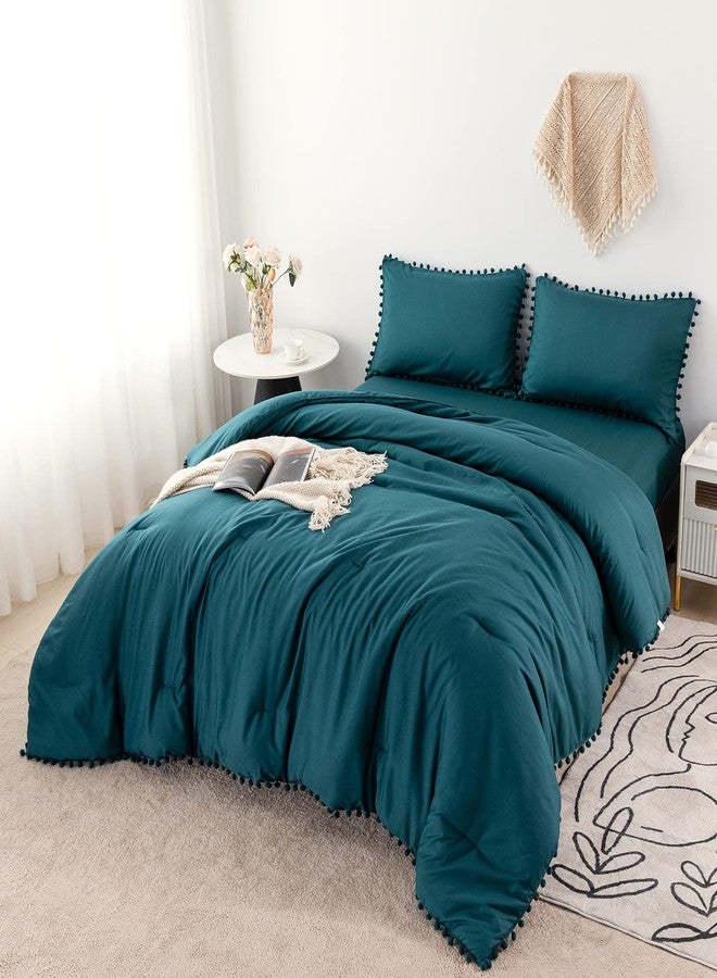PERFEMET Teal Pom Pom Comforter Set Full 5 Pcs Luxurious Farmhouse Boho Comforter with Sheet Sets(79x90inch), Soft Microfiber Lightweight Bed in a Bag(Teal, Full) - Image 1