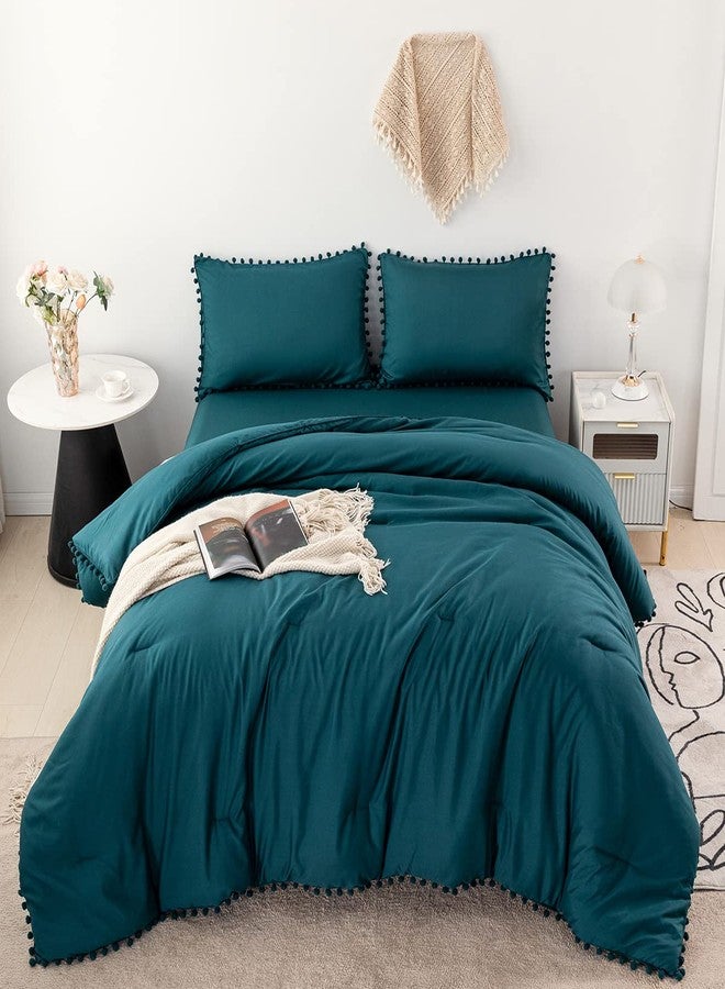 PERFEMET Teal Pom Pom Comforter Set Full 5 Pcs Luxurious Farmhouse Boho Comforter with Sheet Sets(79x90inch), Soft Microfiber Lightweight Bed in a Bag(Teal, Full) - Image 2