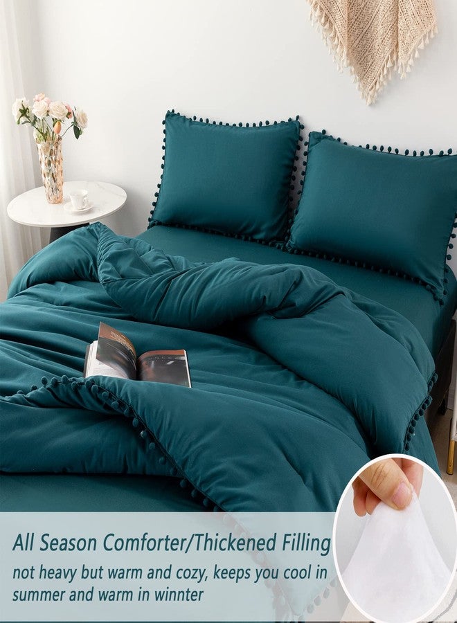 PERFEMET Teal Pom Pom Comforter Set Full 5 Pcs Luxurious Farmhouse Boho Comforter with Sheet Sets(79x90inch), Soft Microfiber Lightweight Bed in a Bag(Teal, Full) - Image 5