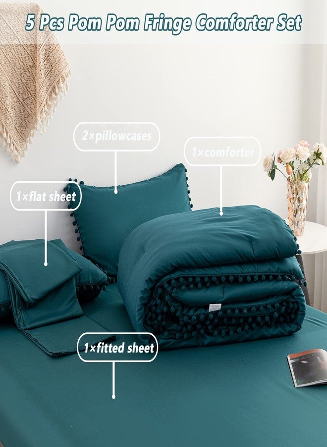 PERFEMET Teal Pom Pom Comforter Set Full 5 Pcs Luxurious Farmhouse Boho Comforter with Sheet Sets(79x90inch), Soft Microfiber Lightweight Bed in a Bag(Teal, Full) - Image 3