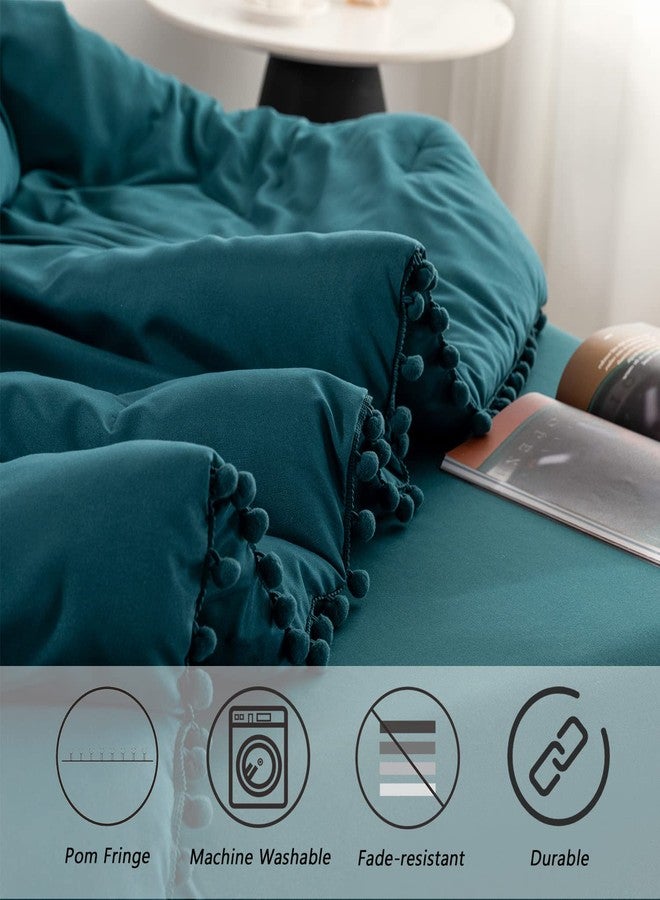 PERFEMET Teal Pom Pom Comforter Set Full 5 Pcs Luxurious Farmhouse Boho Comforter with Sheet Sets(79x90inch), Soft Microfiber Lightweight Bed in a Bag(Teal, Full) - Image 4