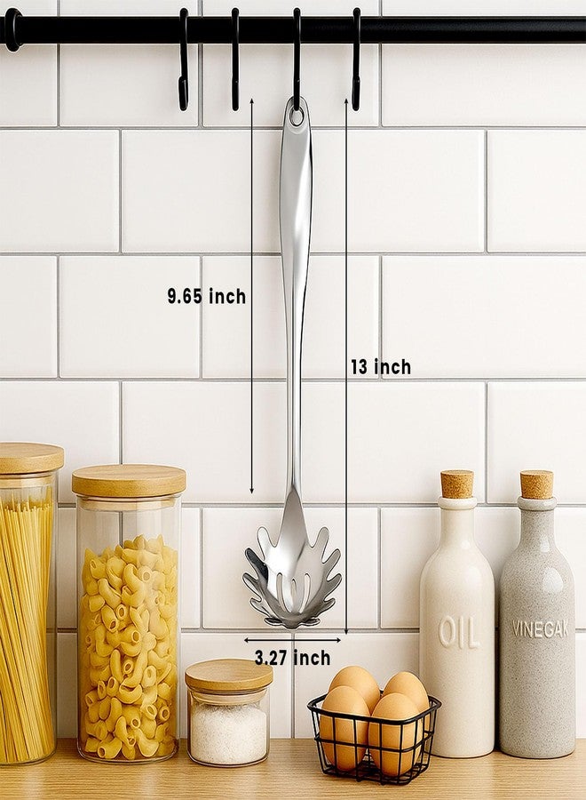 هانزغو ملعقة تقديم معكرونة سباغيتي من الفولاذ المقاوم للصدأ من هانزجو، شوكة معكرونة بطول 13 بوصة مزودة بأسنان وفتحات تصريف، مقبض مقاوم للحرارة، ملعقة معكرونة مقاومة للصدأ، آمنة للغسل في غسالة الأطباق، هدية مثالية للمنزل الجديد - Image 2