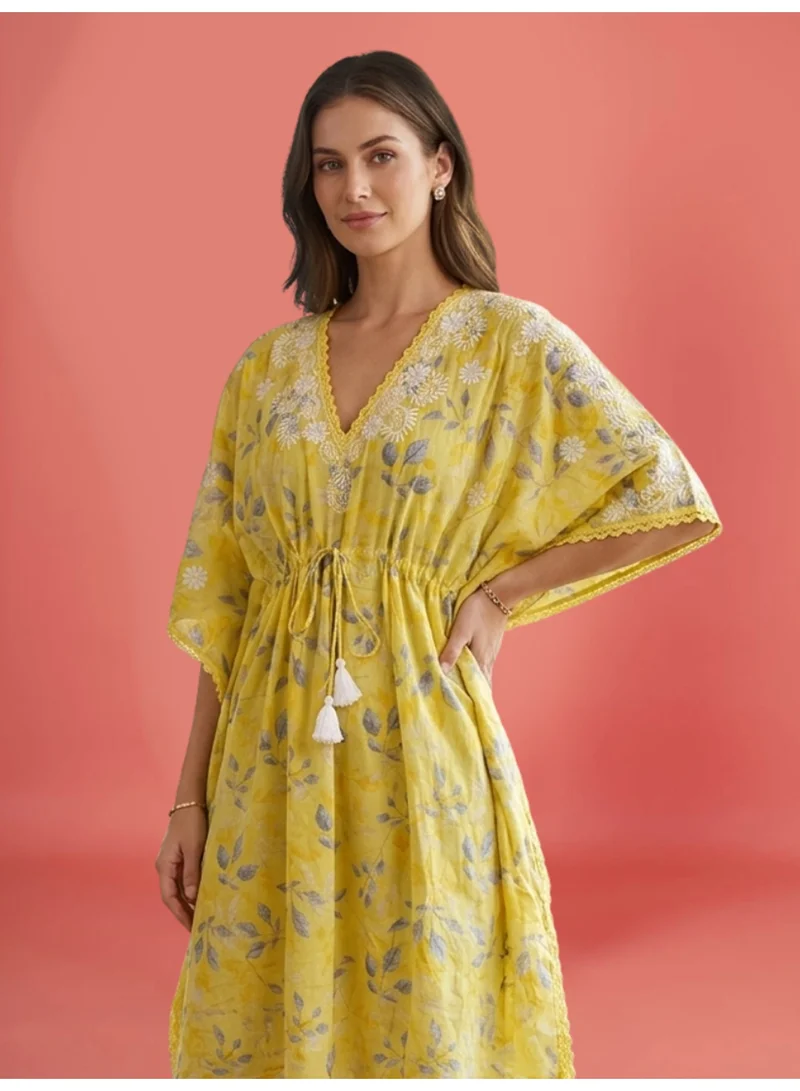 Alaya Yellow Women Embroidered Cotton Kaftan-AL3700B for Women | Best Price UAE