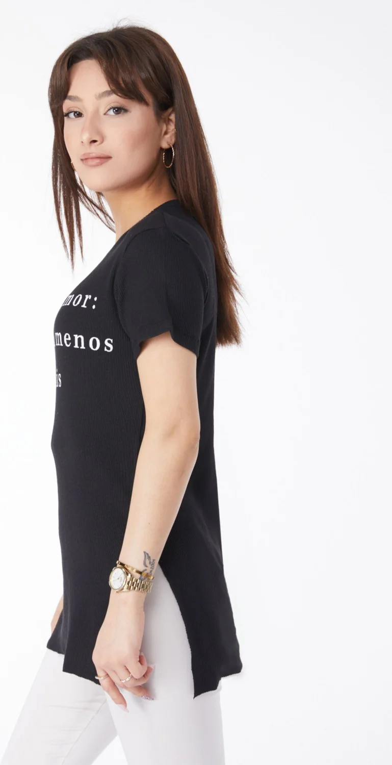 Tofisa Plain Crew Neck Women's Black Printed Slit T-Shirt - 24792
