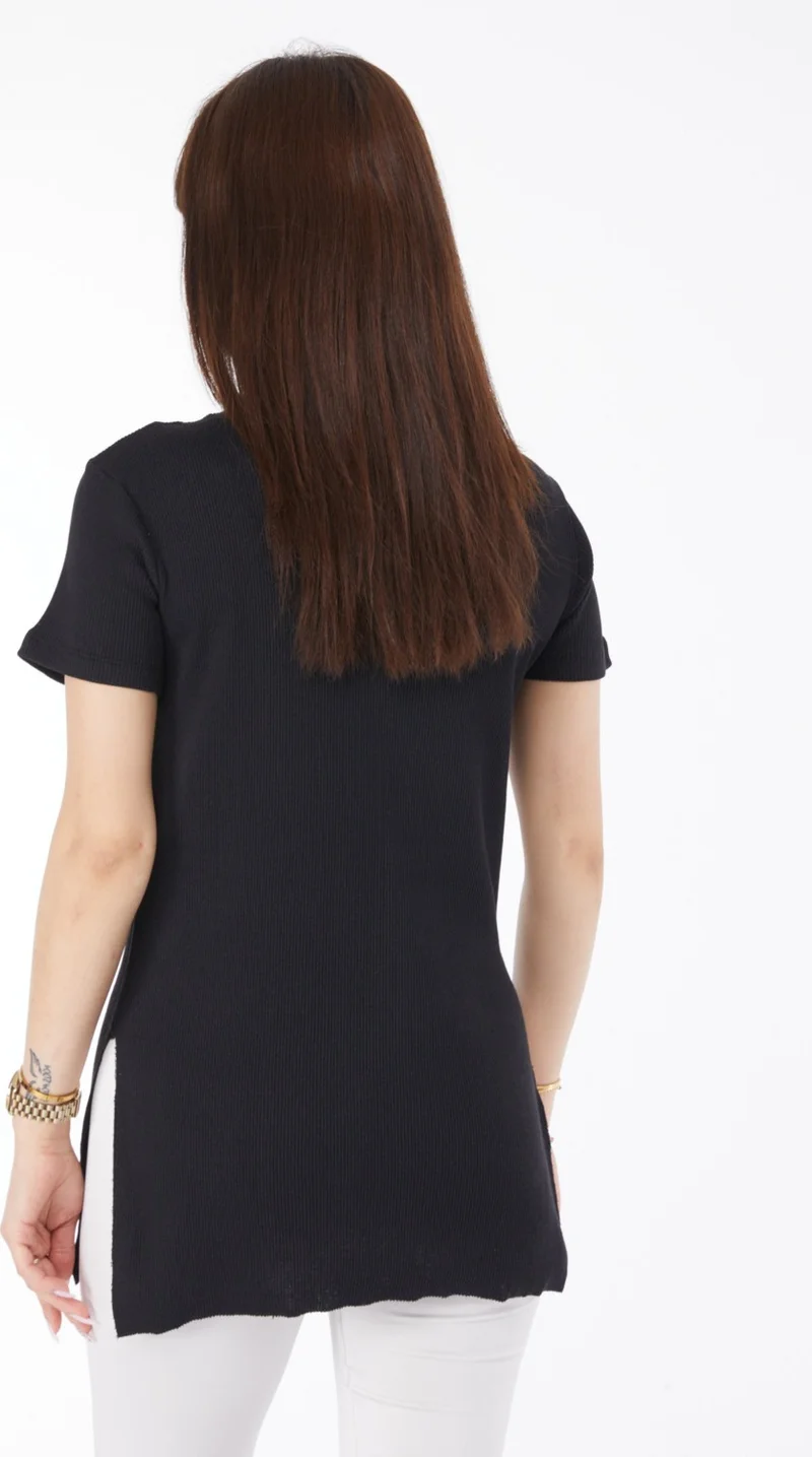 Tofisa Plain Crew Neck Women's Black Printed Slit T-Shirt - 24792