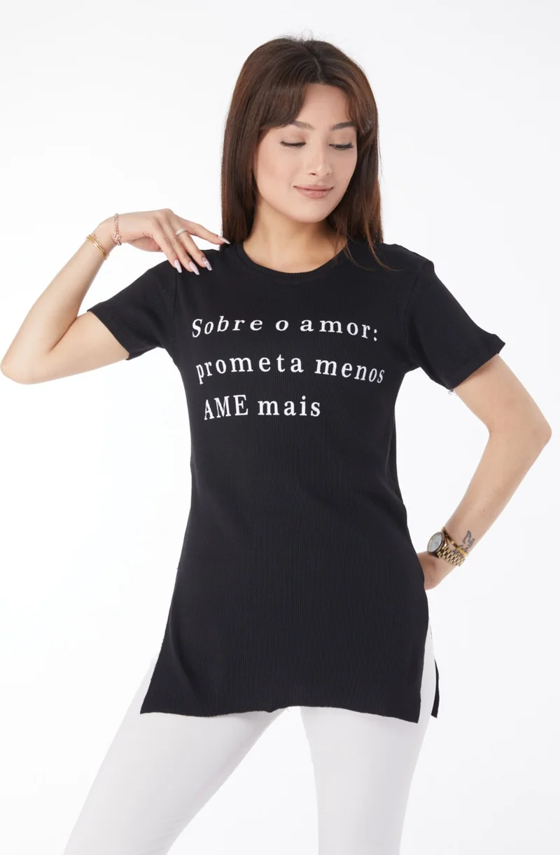 Tofisa Plain Crew Neck Women's Black Printed Slit T-Shirt - 24792