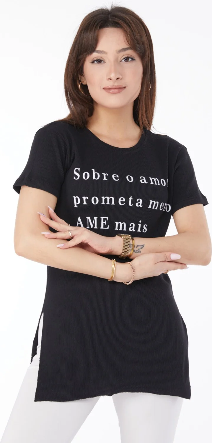 Tofisa Plain Crew Neck Women's Black Printed Slit T-Shirt - 24792