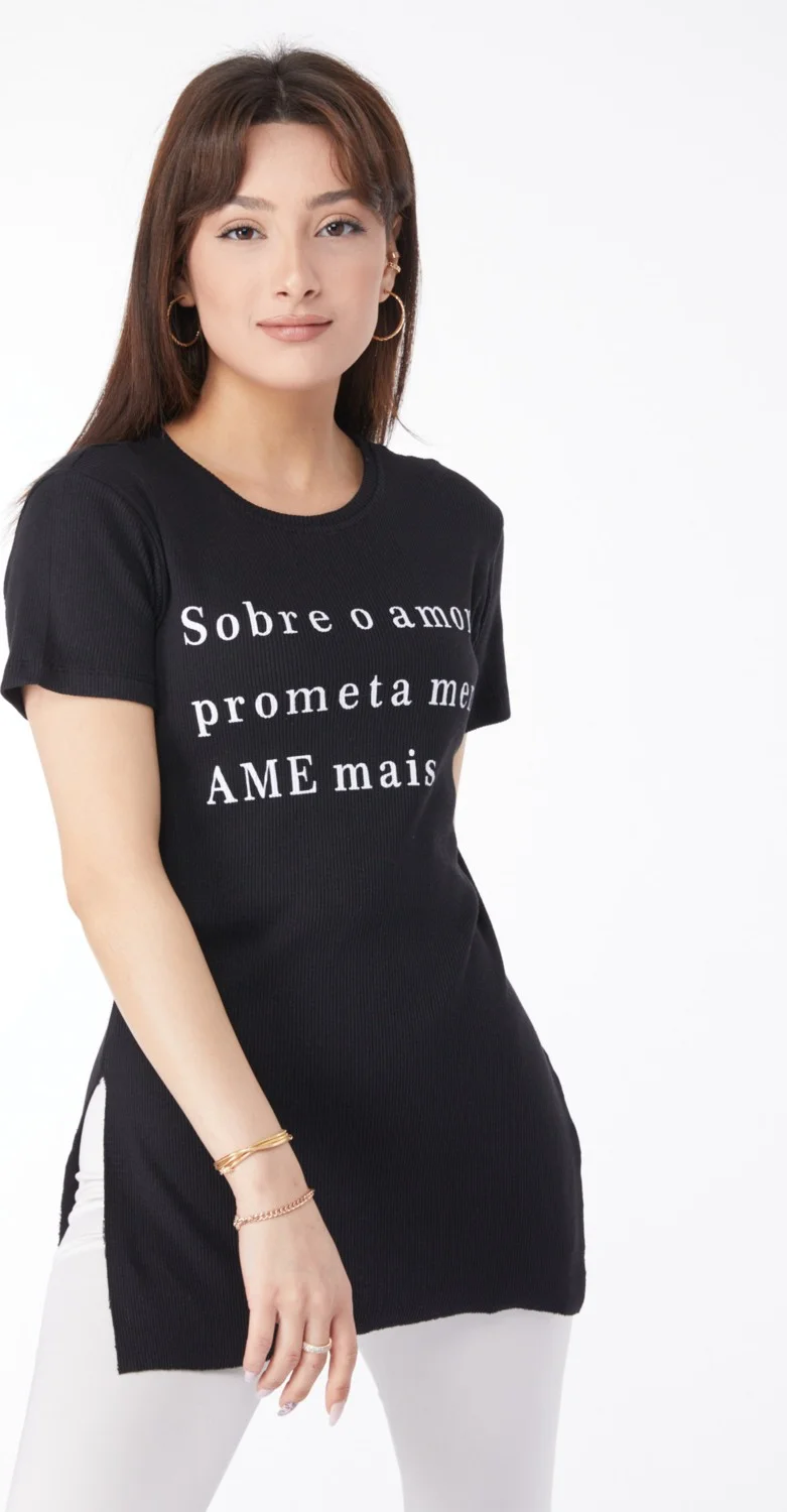 Tofisa Plain Crew Neck Women's Black Printed Slit T-Shirt - 24792