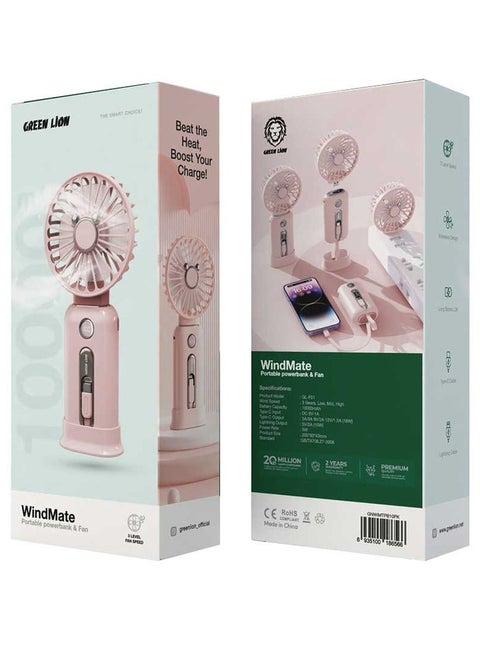 Green Lion WindMate Portable Wireless Mini Fan & Power Bank (for Android & iPhone), Battery Capacity 10000mAh, 3 Levels Speed Cooling Fan, Type-C and Lightning Built in Cables, Fast Charging, Digital Display - Pink