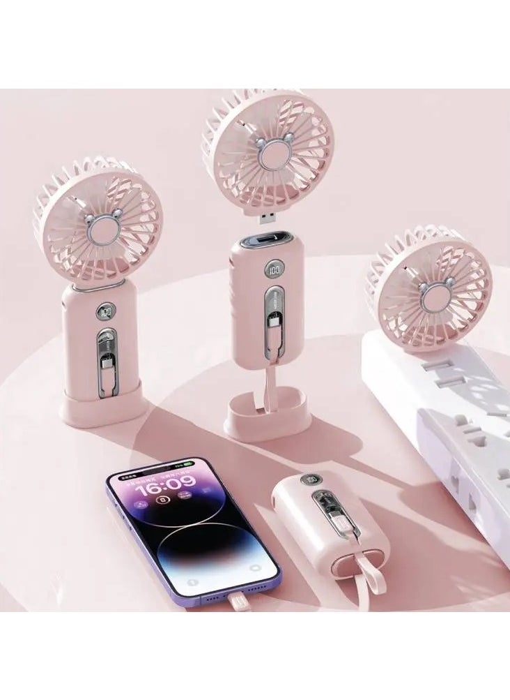 GREEN LION - Green Lion WindMate Portable Wireless Mini Fan & Power Bank (for Android & iPhone), Battery Capacity 10000mAh, 3 Levels Speed Cooling Fan, Type-C and Lightning Built in Cables, Fast Charging, Digital Display - Pink - Image 1