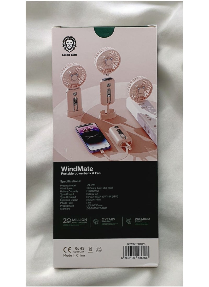 GREEN LION - Green Lion WindMate Portable Wireless Mini Fan & Power Bank (for Android & iPhone), Battery Capacity 10000mAh, 3 Levels Speed Cooling Fan, Type-C and Lightning Built in Cables, Fast Charging, Digital Display - Pink - Image 1