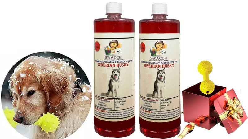 swacch Siberian Husky Dog Shampoo + Dumbbell Toy I Durable Rubber Dog Toy for Chewing I Playing,Teeth Cleaning & Training Toy I Combo Pack I 1 Litre Pack of 2 Strawberry - Image 1