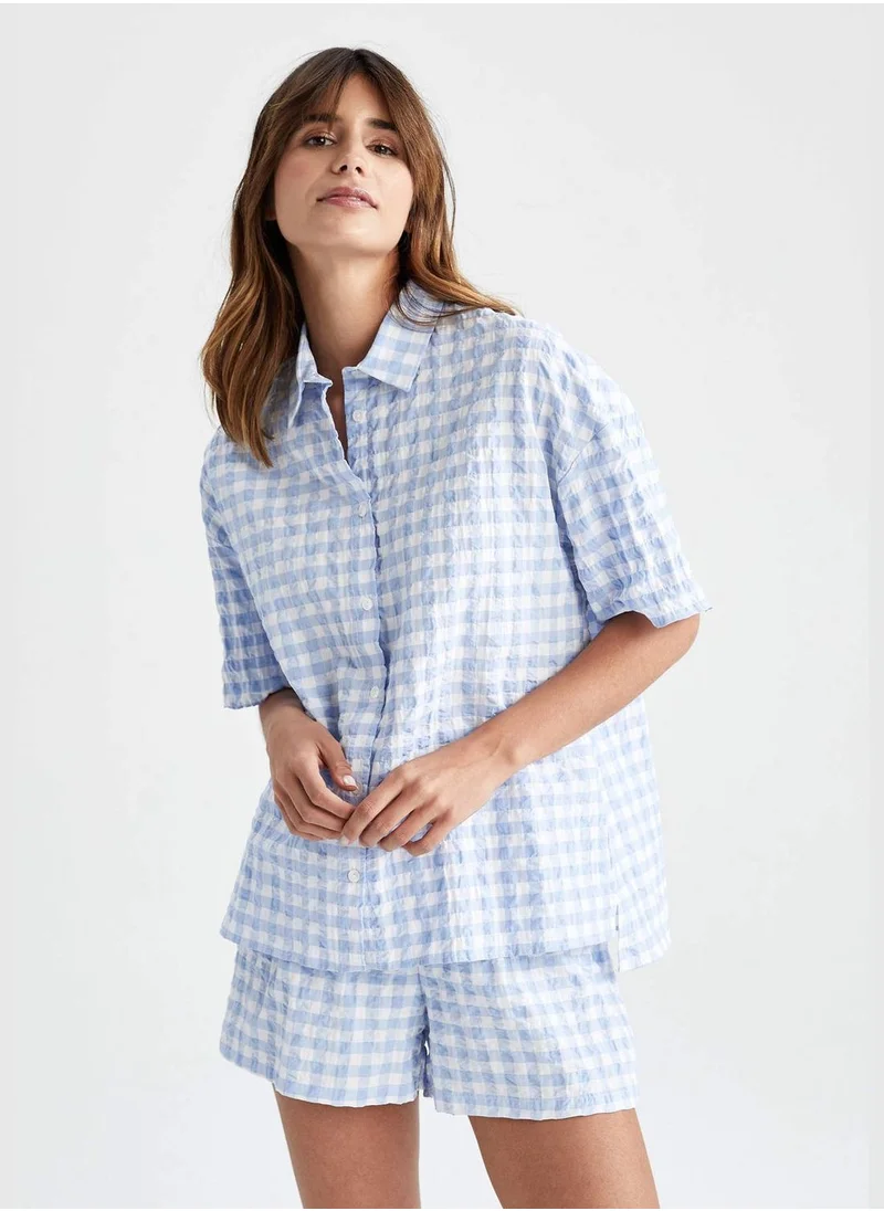 DeFacto Regular Fit Short Sleeve Check Print Pyjama Top