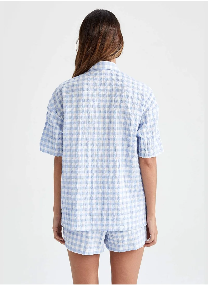 DeFacto Regular Fit Short Sleeve Check Print Pyjama Top