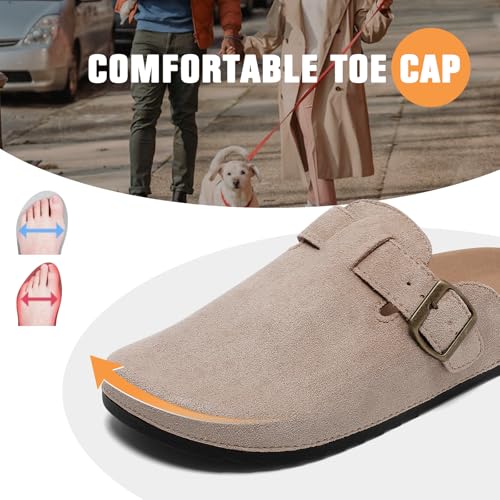DDXYYDS Suede Clogs Men & Women Unisex Leather Mules Soft Cork Footbed Adjustable Buckle Slip Sandals Potato Shoes with Arch Support Beige - Image 3
