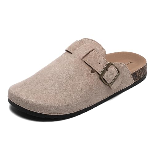 DDXYYDS Suede Clogs Men & Women Unisex Leather Mules Soft Cork Footbed Adjustable Buckle Slip Sandals Potato Shoes with Arch Support Beige - Image 1